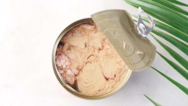 Open can of tuna on a light background with a decorative leaf. Ideal for food packaging visuals.