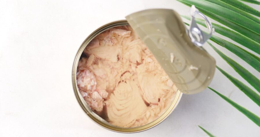 Open can of tuna on a light background with a decorative leaf. Ideal for food packaging visuals.