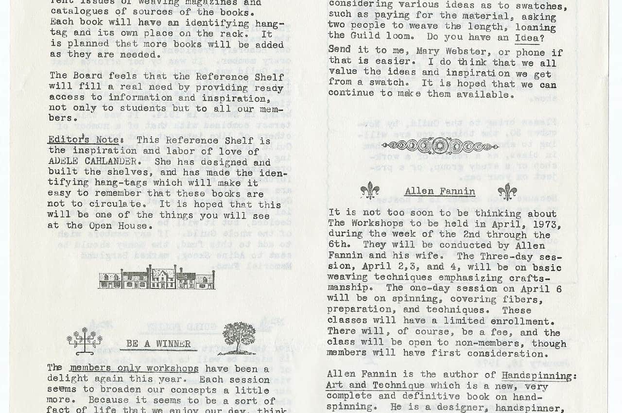 A vintage newsletter page from the Weavers Guild of Minnesota, with content including a Reference Shelf for weaving books, an Editor's note highlighting Adele Cahlender’s contributions
