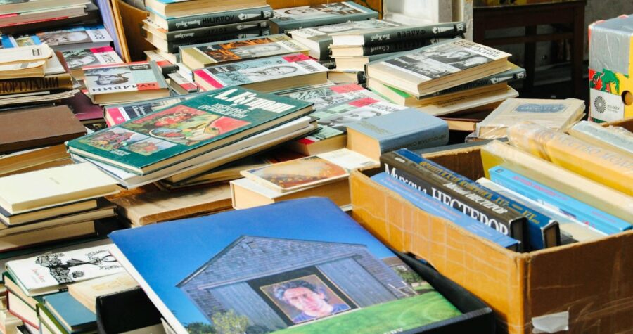 Vibrant collection of second-hand books displayed at a street stall in Moscow, Russia.