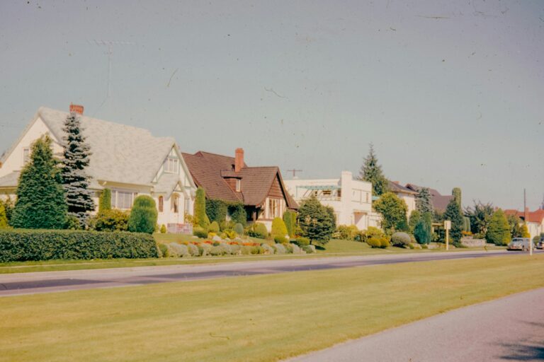 The image shows a suburban street with neatly landscaped lawns, several houses with different architectural styles, including a house under construction, trees and shrubs are neatly trimmed along the sidewalk, the scene has a vintage feel with a bright blue sky and a few cars visible on the street