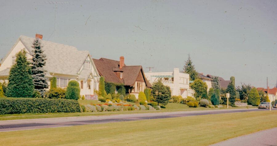 The image shows a suburban street with neatly landscaped lawns, several houses with different architectural styles, including a house under construction, trees and shrubs are neatly trimmed along the sidewalk, the scene has a vintage feel with a bright blue sky and a few cars visible on the street
