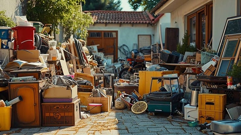 cluttered backyard random items toys tools mess