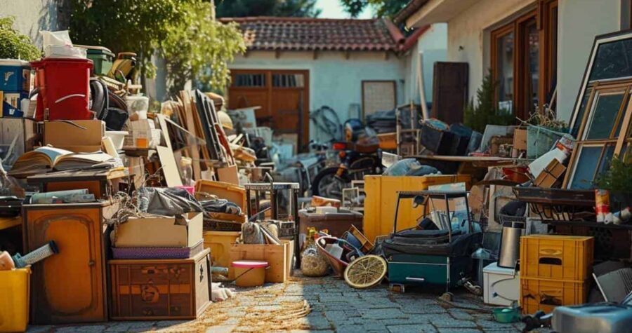 cluttered backyard random items toys tools mess