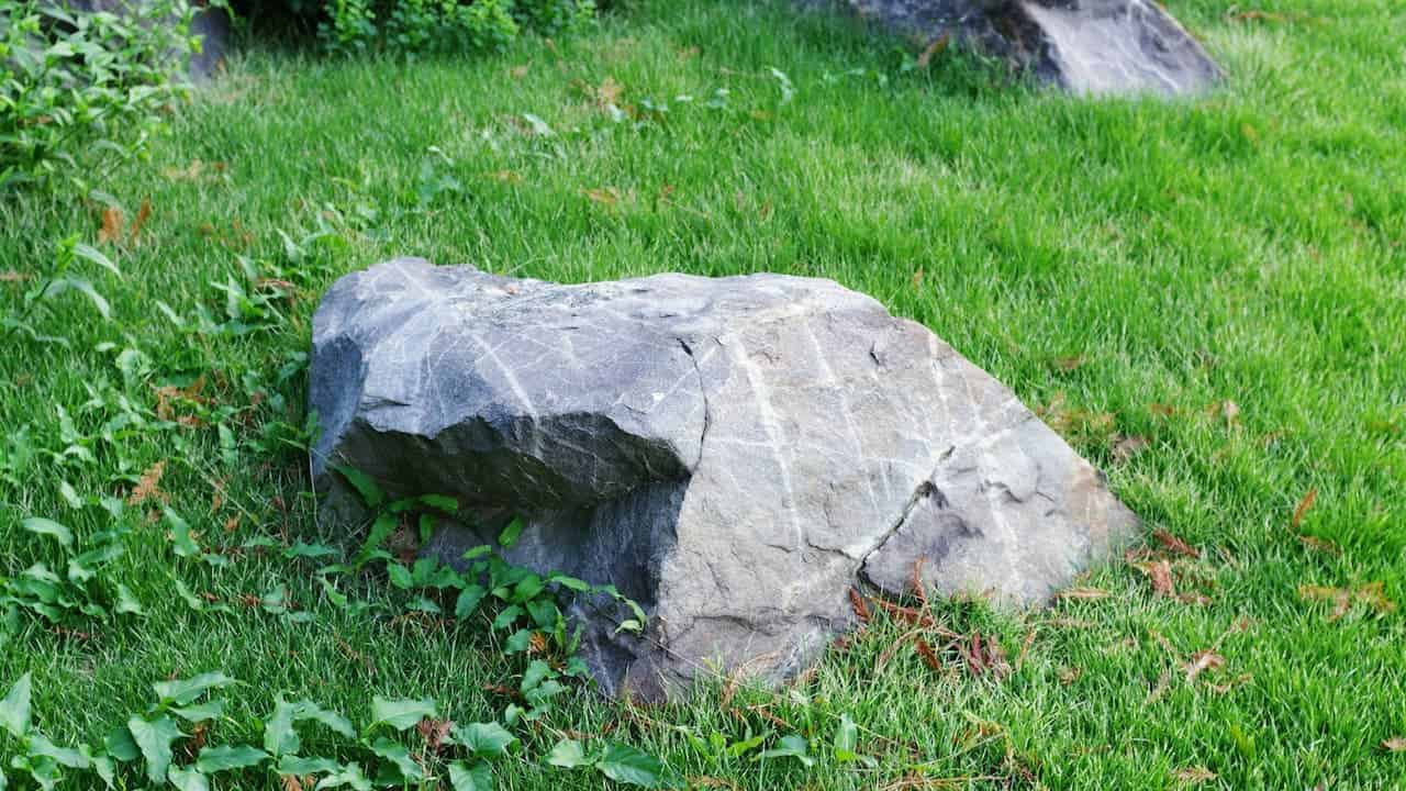 Large gray rock resting on a grassy lawn, rock serving as a natural landscape feature, potential seating spot in a garden, boundary marker in a park, decorative stone in an outdoor green space