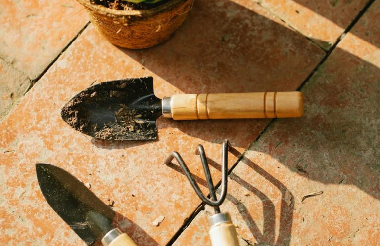 Gardening tools on a tiled floor, a small spade with dirt, a gardening fork, tools with wooden handles, sunlight casting shadows, tools ready for use, a pot with greenery in the background, preparing for gardening, close-up of garden tools