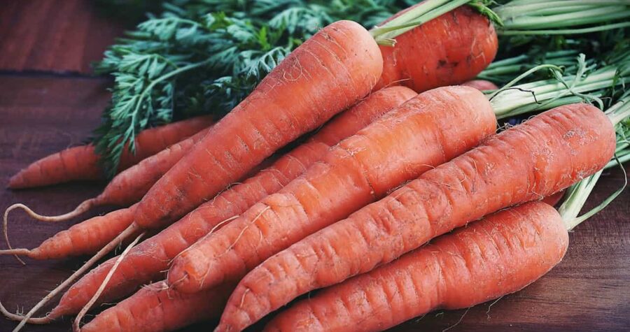 Fresh orange carrots with green tops arranged on a dark wooden surface, showing their natural texture and varying sizes