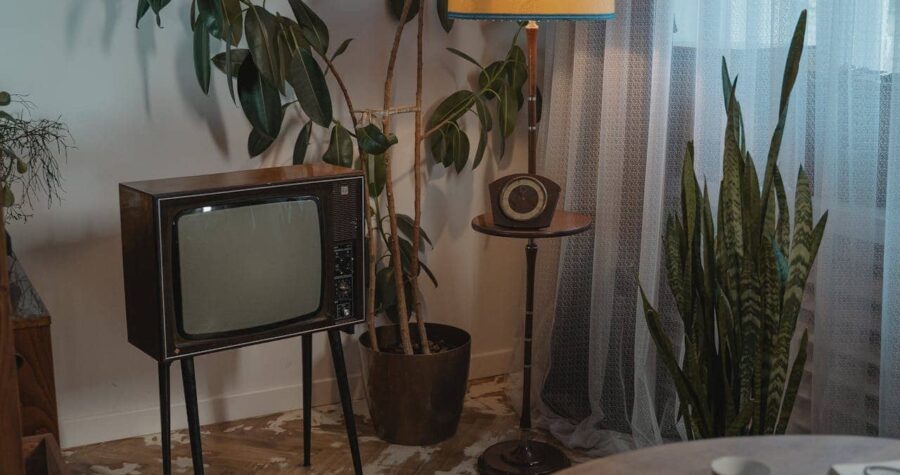 Vintage style corner, old television set with wooden finish on black metal legs, next to a tall lamp with a yellow shade and a retro speaker stand, large indoor plants surrounding the scene, soft lighting filtering through sheer curtains, cozy and nostalgic atmosphere with warm tones