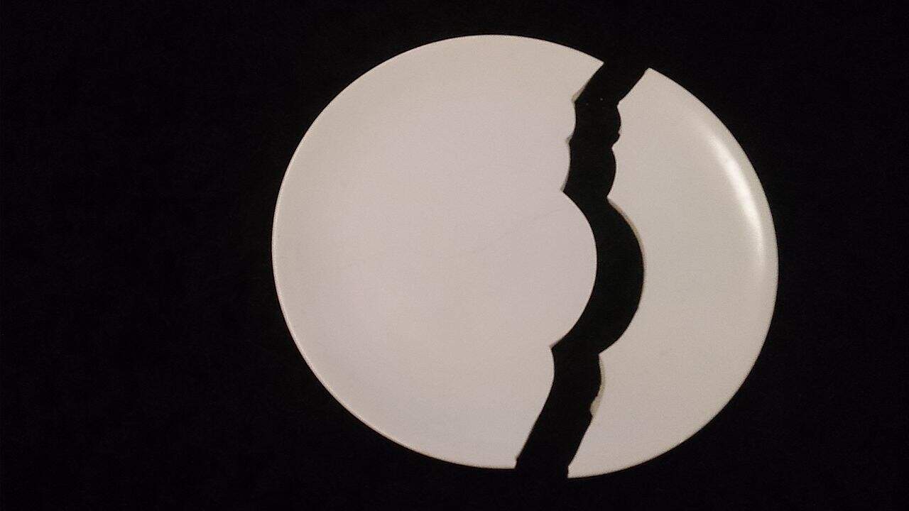 Broken white ceramic plate, split into two uneven pieces, black background, high contrast lighting, dramatic shadow effect