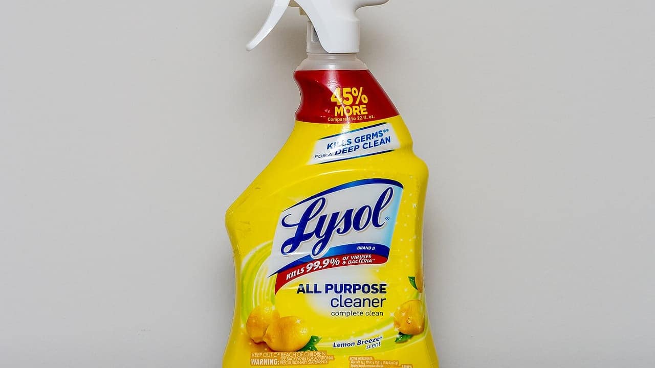 Yellow Lysol all-purpose cleaner spray bottle with white trigger, kills 99.9% germs, lemon breeze scent, 25% more formula