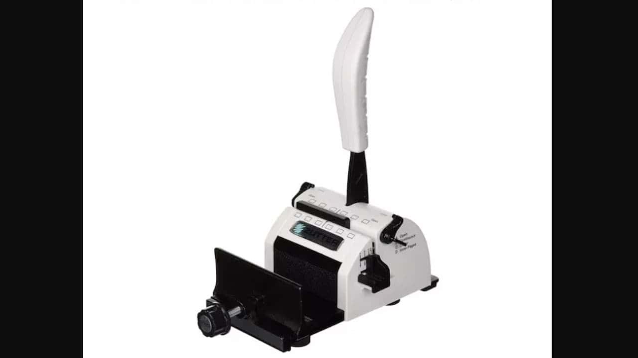 A manual binding machine with a white and black body, featuring a large vertical handle, adjustable paper guide, and punch settings. It is used for punching holes and binding pages together using comb or wire binding spines