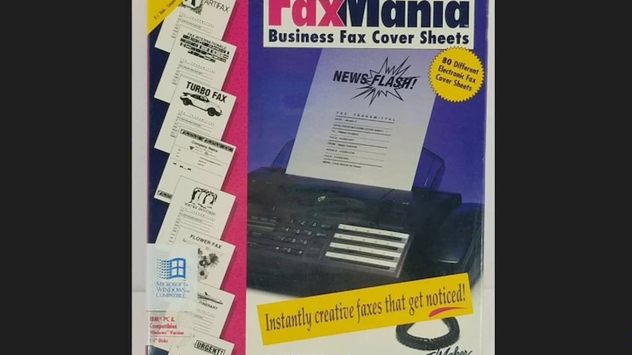A vintage retail box for “FaxMania Business Fax Cover Sheets” featuring a fax machine with a creative cover sheet and various sample templates on the left. The packaging promotes “80 different electronic fax cover sheets” and highlights compatibility with Microsoft Windows