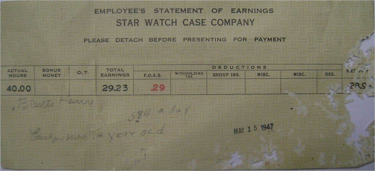 Vintage 1947 employee pay stub from Star Watch Case Company, aged paper showing 40 hours worked, earnings $29.23