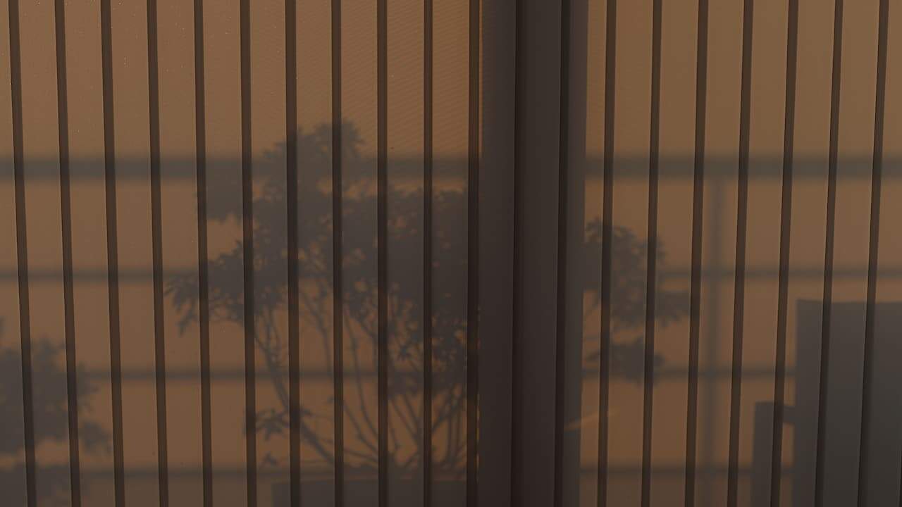 Shadows of indoor plants and furniture cast on vertical blinds, warm brown and orange lighting from sunset or sunrise