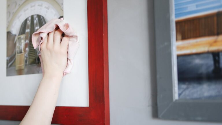 Hand cleaning photo frame, pink cloth, red wooden frame, wall-mounted picture, indoor setting