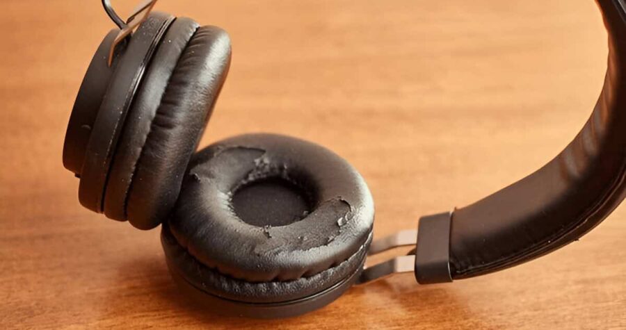 Close-up of black over-ear headphones with peeling and worn-out ear cushions placed on a wooden table