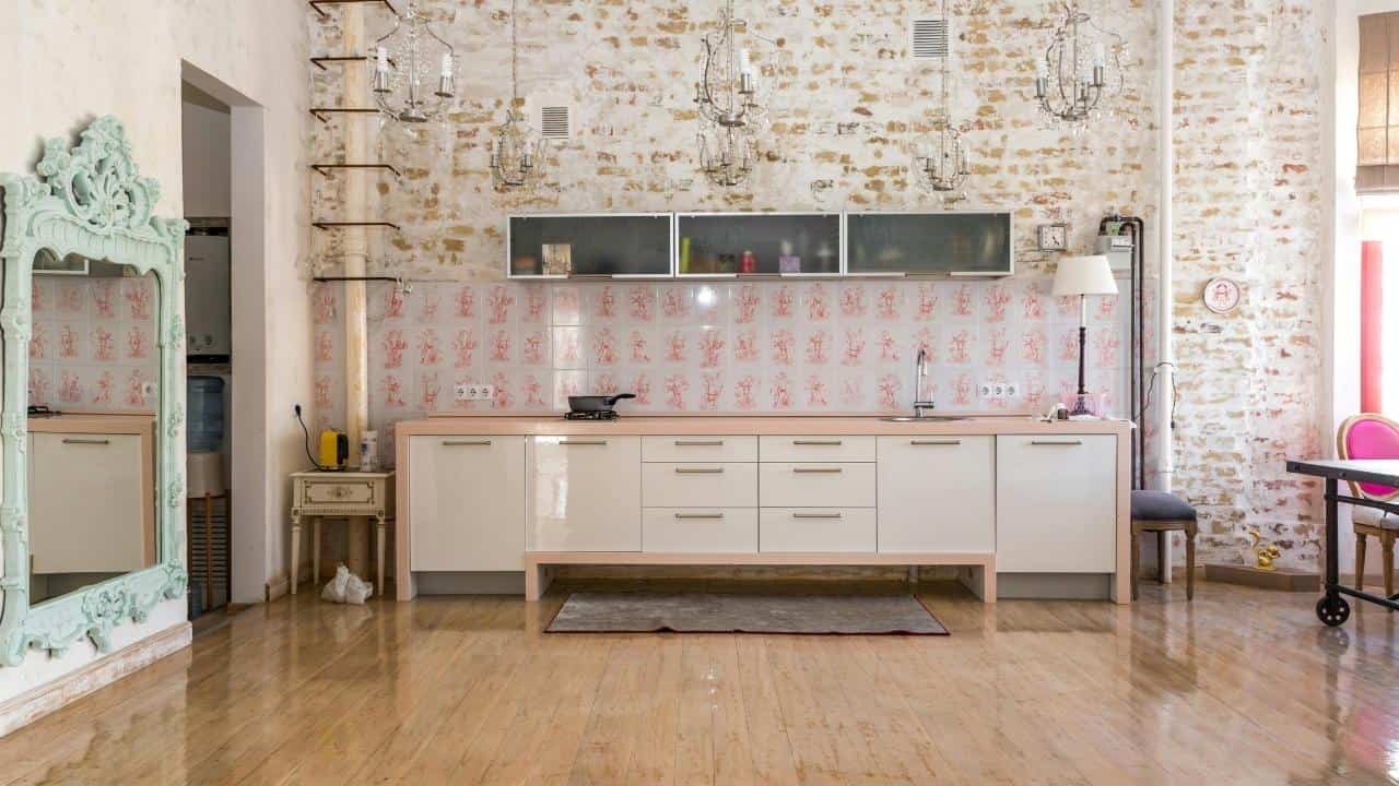 open kitchen shelves cluttered