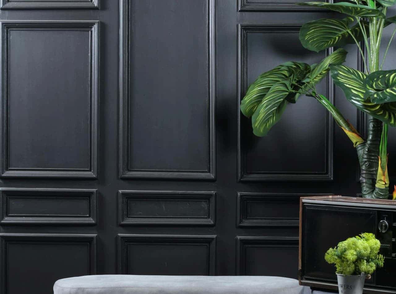 The image shows a stylish interior with dark wood paneling on the wall, a plant with large green leaves in a pot beside a wooden cabinet, a small potted plant on the cabinet, and a soft gray ottoman placed in front of the wall, modern and clean design with a minimalist look
