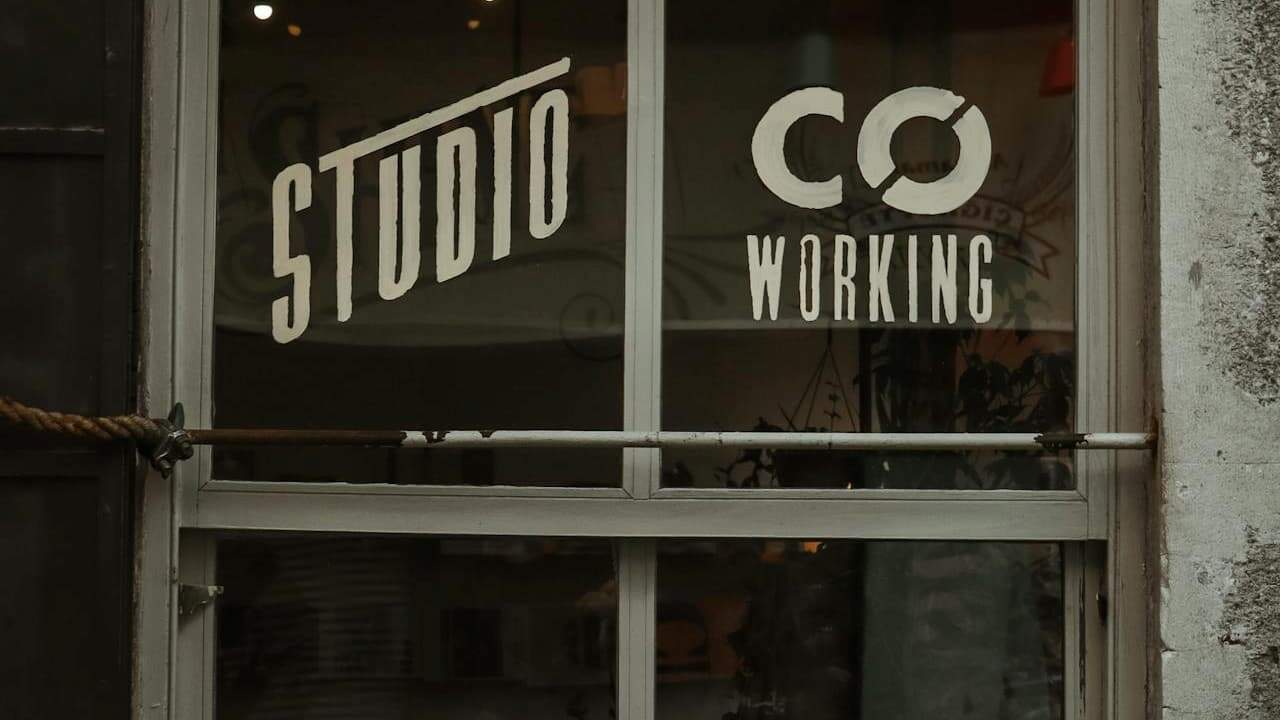 Glass window featuring bold white decals