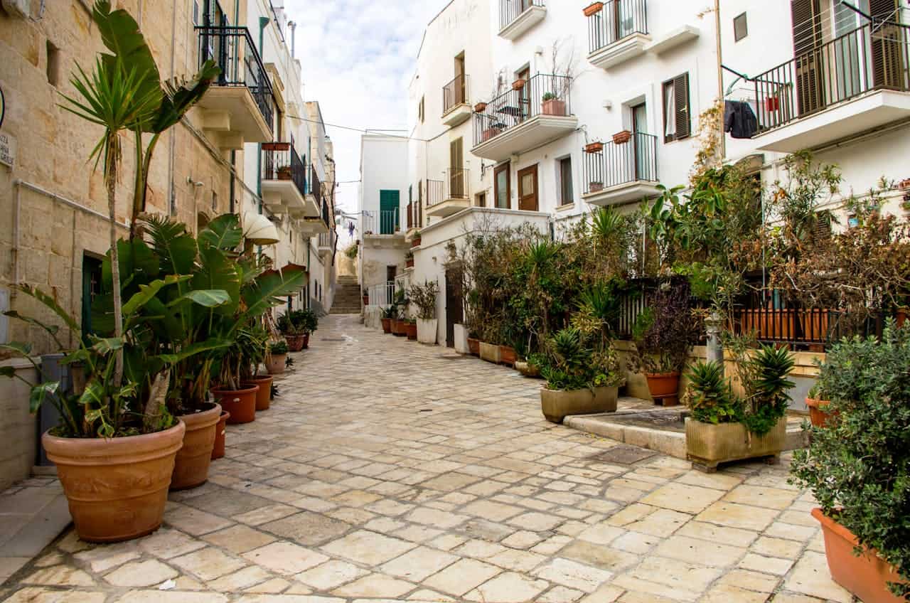 Narrow Mediterranean alleyway with stone pavement, white buildings with balconies, and numerous potted plants lining both sides