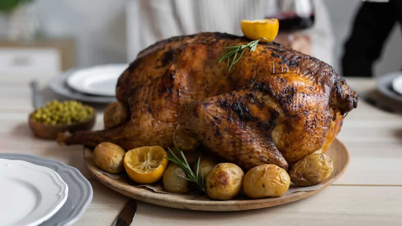 Roasted whole Canadian Turkey on wooden platter surrounded by small potatoes, lemon halves, and rosemary sprigs on dining table