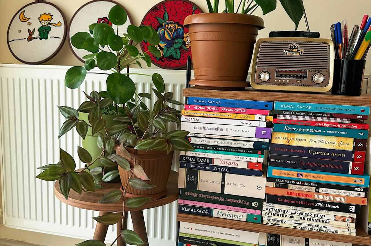 A stack of colorful books arranged on a wooden table, a potted plant with green leaves beside the books, a vintage radio and cup holder with colorful pens on top, embroidered artwork on the wall in the background, and a radiator partially visible behind the table