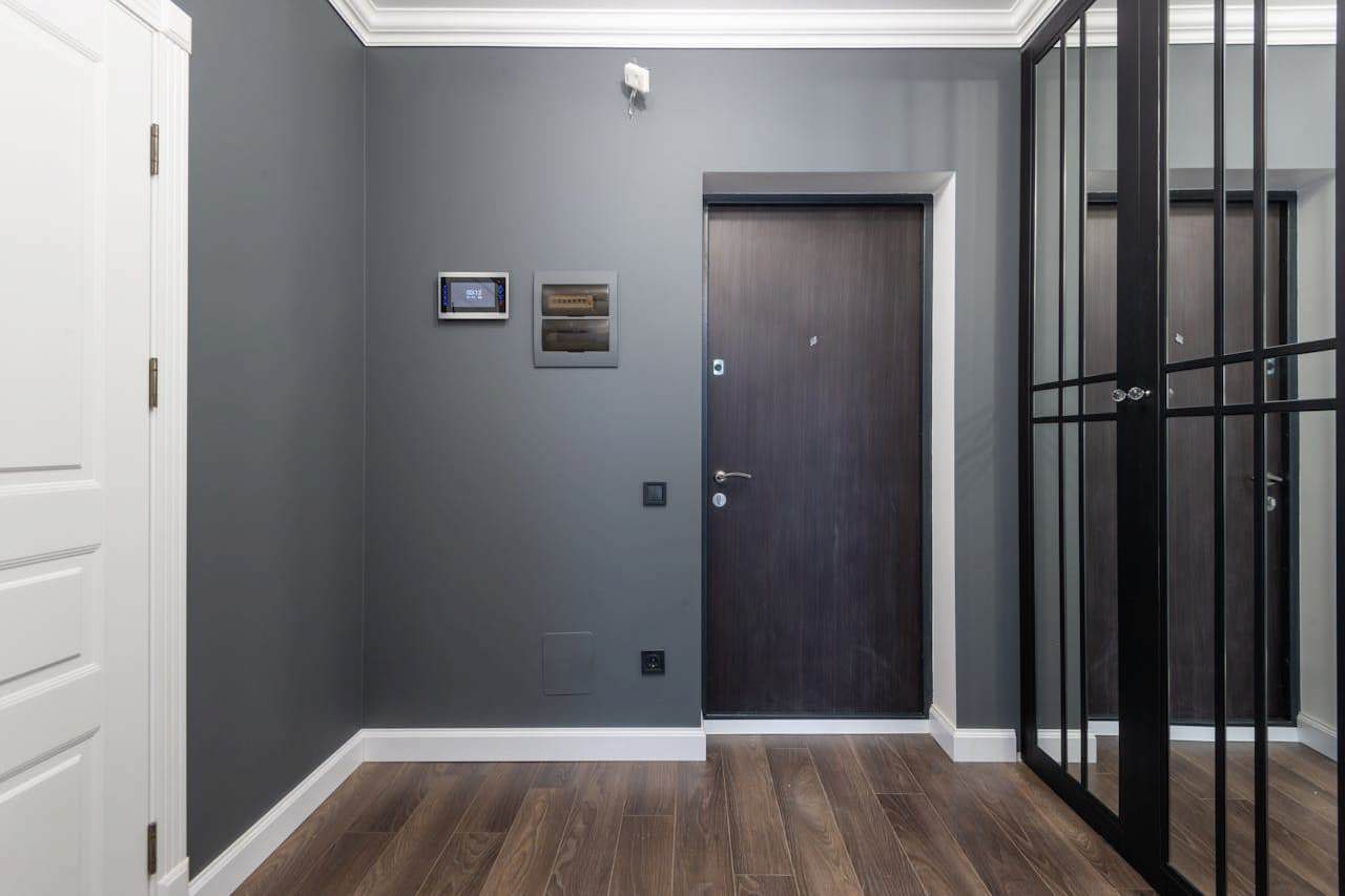 Modern entryway with gray walls, dark steel door, white trim, wood flooring, digital thermostat, and black-framed glass partition