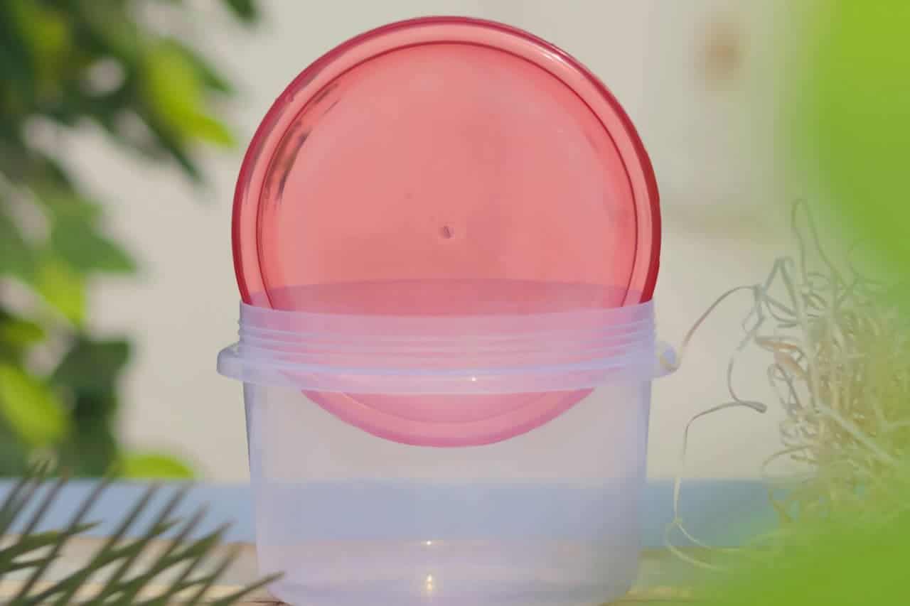 Clear plastic container with pink lid slightly ajar, photographed against blurred green plant background in natural light