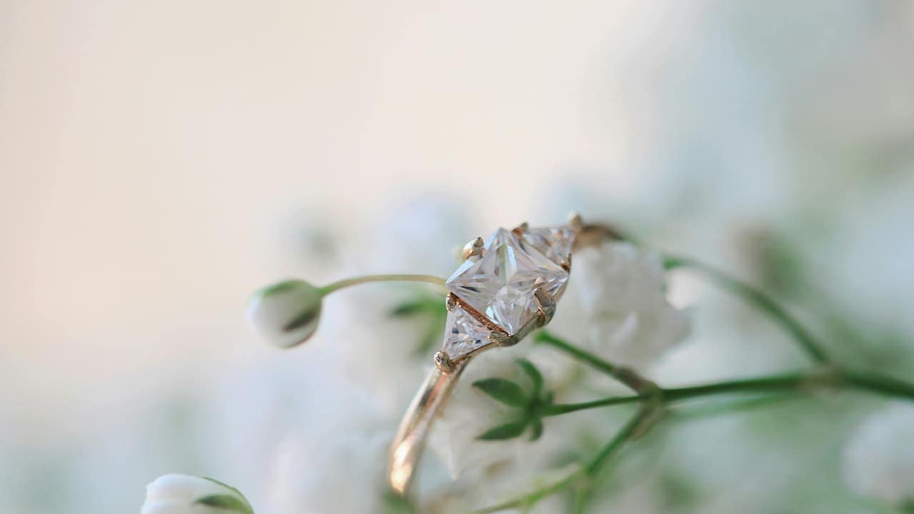 A close-up of an engagement ring sharply focused, resting on or near a blurred flower twig with soft colors and delicate petals in the background