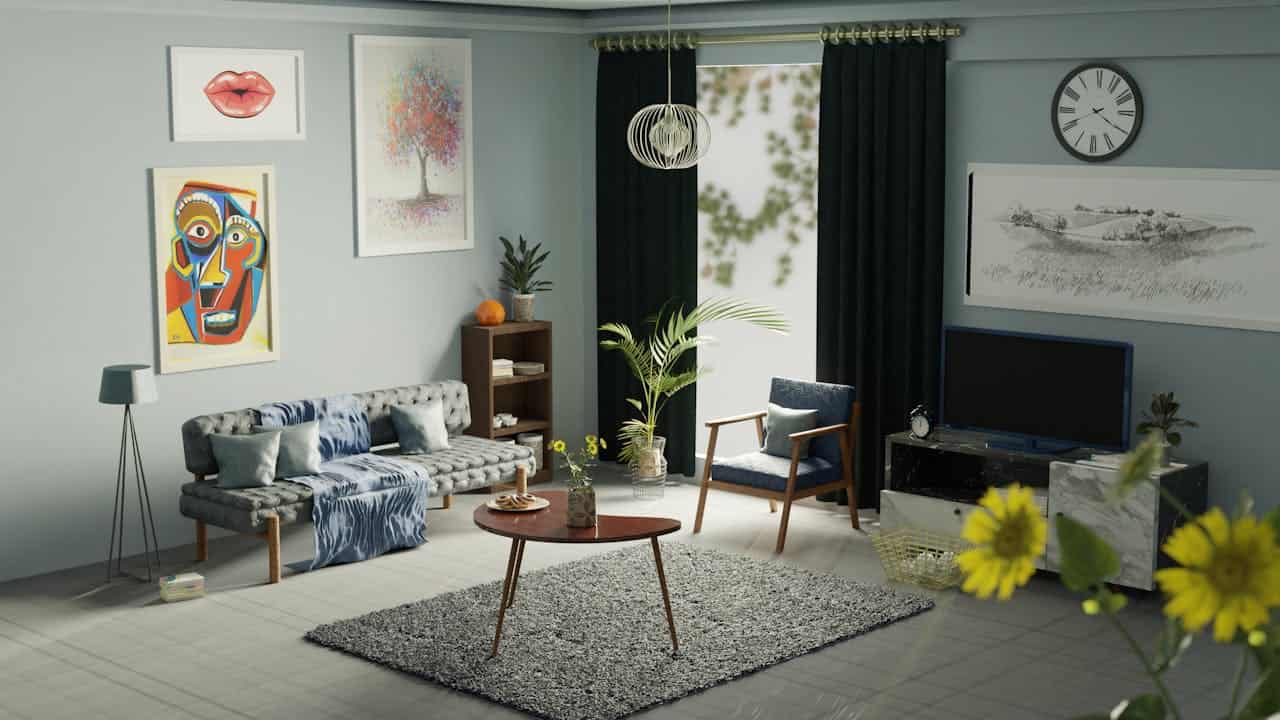 Modern living room with gray walls, blue sofa, wooden coffee table, generic abstract art prints, dark curtains, and various plants