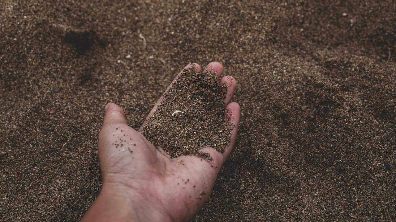 Open hand holding a pile of dark brown soil or sand, with similar material scattered on ground below