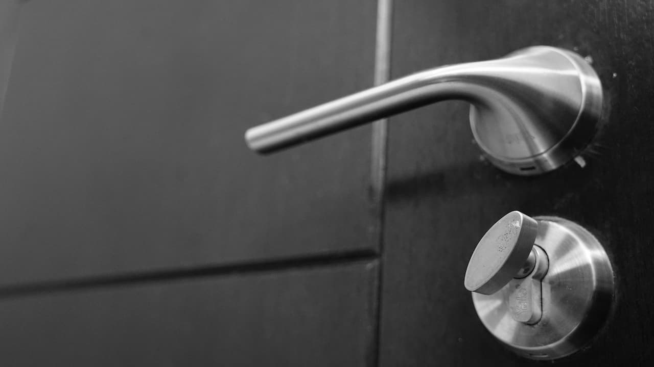 Close-up of a stainless steel door handle and deadbolt lock on a dark wooden door, modern design, side view