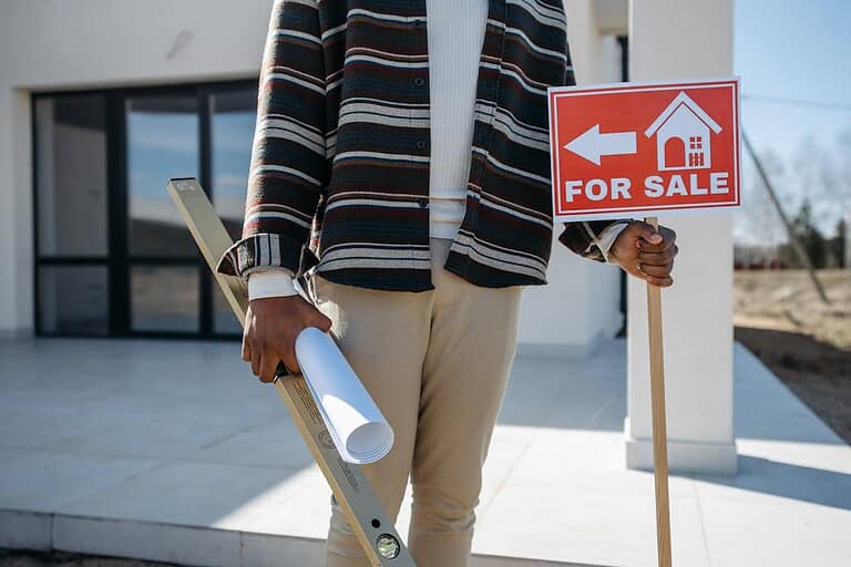 Person in striped jacket holding rolled documents and a "FOR SALE" sign outside a modern building