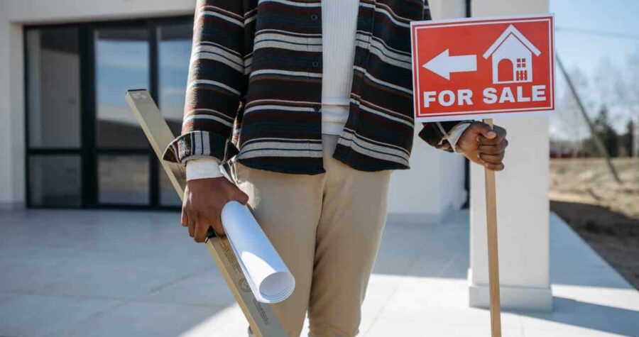 Person in striped jacket holding rolled documents and a "FOR SALE" sign outside a modern building