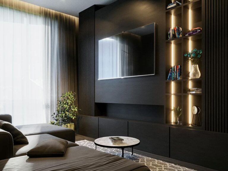 Modern living room with sleek design, large flat-screen TV mounted on a dark wall, bookshelves with dim lighting, potted plant in the corner, cozy sectional sofa with soft cushions, a marble coffee table on a patterned rug