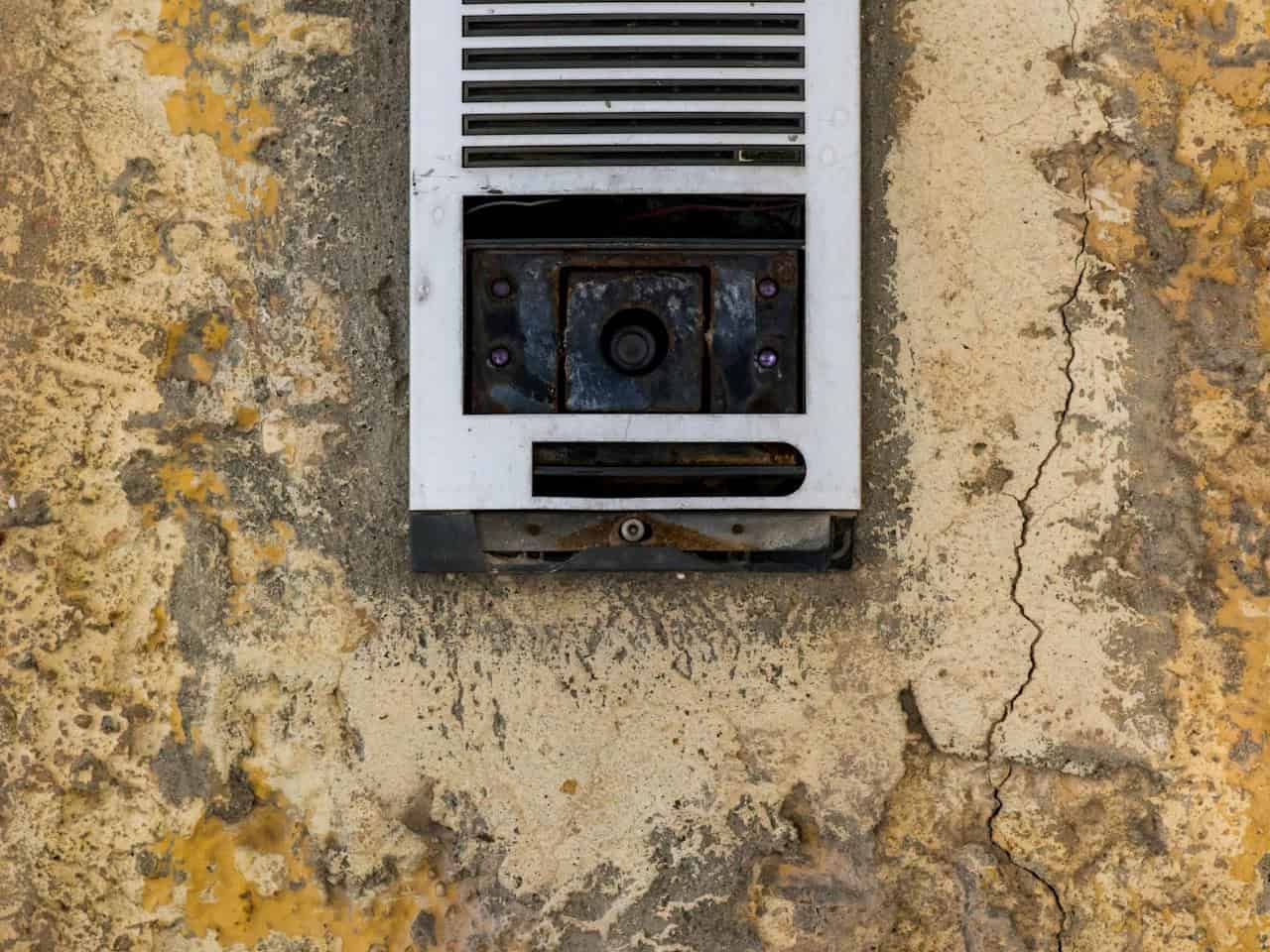 A close-up image of an old, dirty intercom mounted on a cracked and peeling wall, the intercom is white with metal slats, showing signs of wear, dust is visible around the edges, and the wall has stains and visible damage, indicating neglect and age