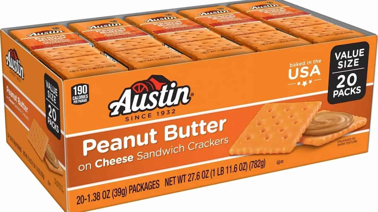 Orange box of Austin Peanut Butter on Cheese Sandwich Crackers containing twenty individual snack packages in value size