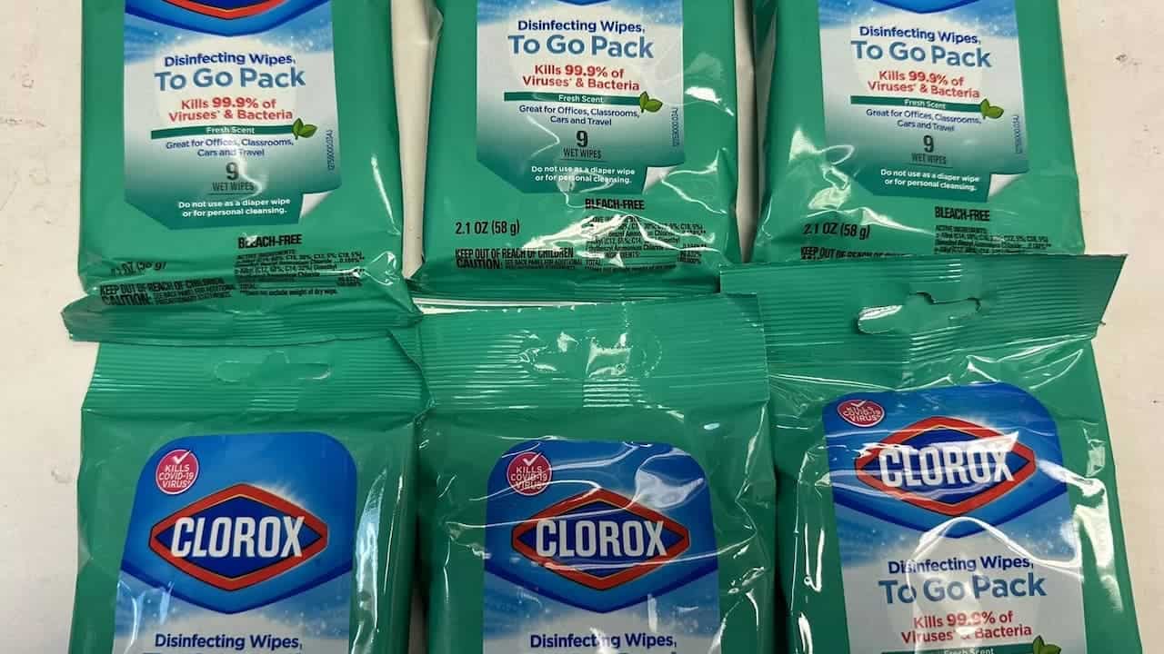 Multiple packages of Clorox disinfecting wipes "To Go Pack" containing 9 wet wipes each, kills 99.9% viruses and bacteria
