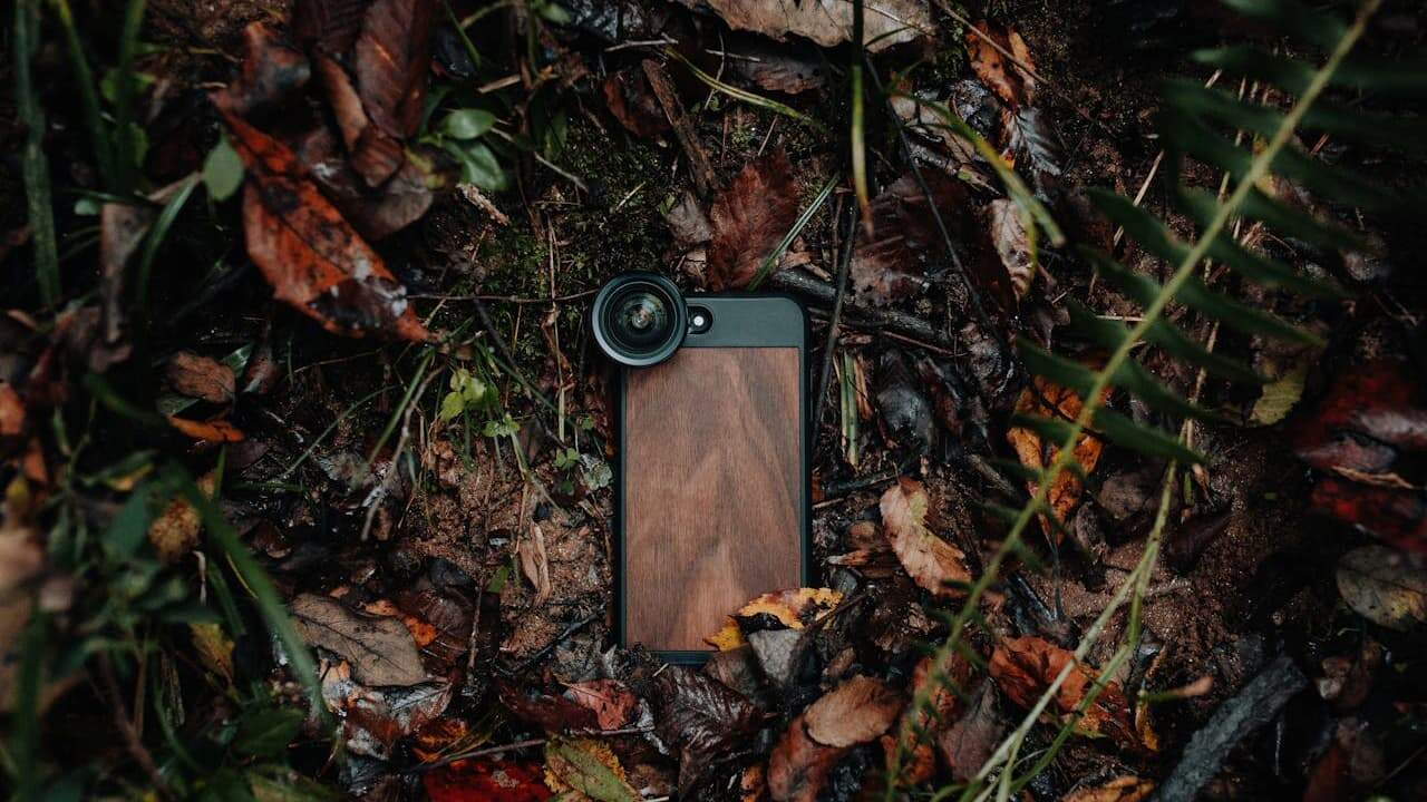 Wooden phone case with camera lens attachment lying on forest floor among fallen autumn leaves, grass, and dirt
