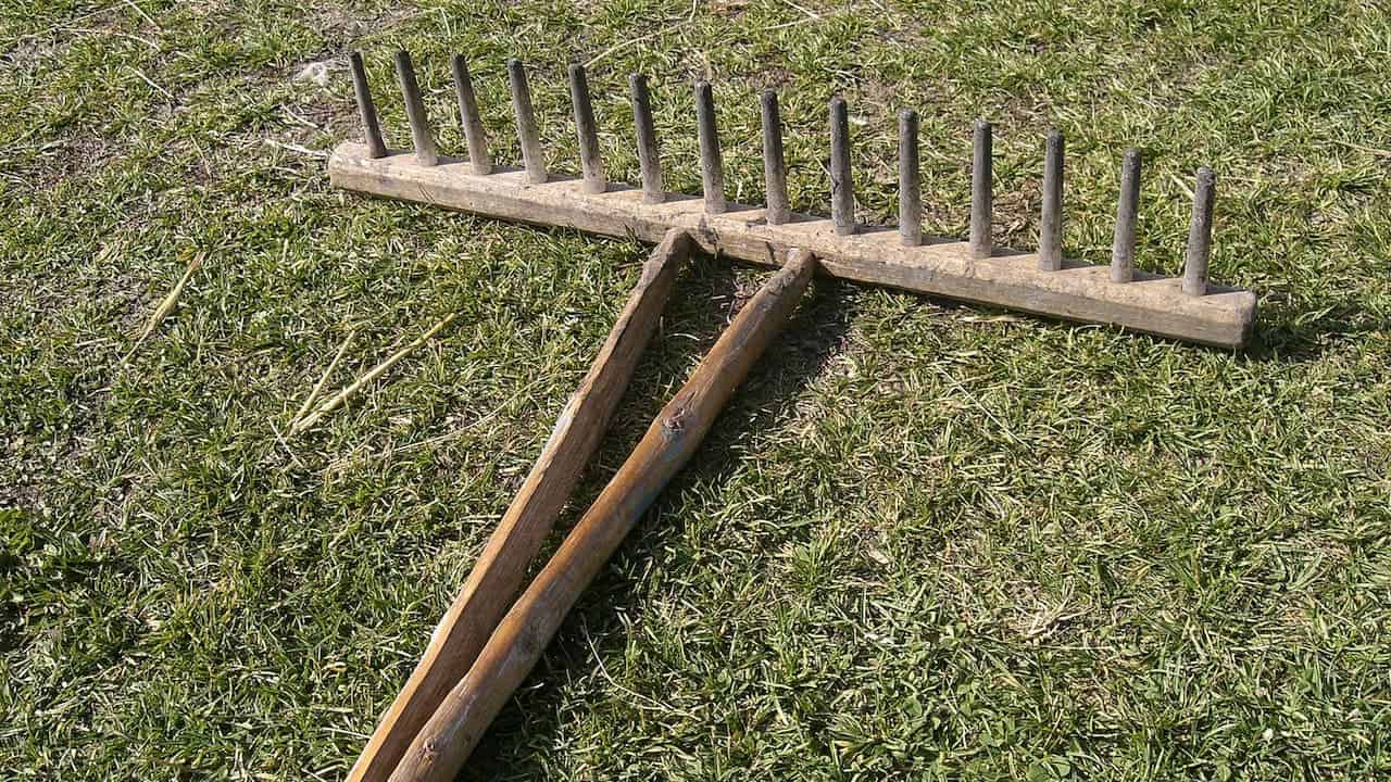 Wooden rake with metal tines resting on grass beside two wooden fence posts arranged in triangular formation outdoors