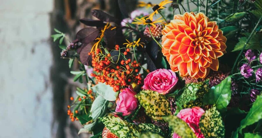 Vibrant autumn floral arrangement featuring orange dahlia, pink peonies, orange berries, dark foliage, and purple flowers in natural bouquet