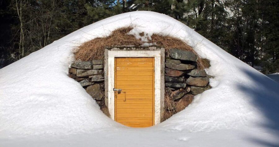 Snow-covered root cellar with wooden door, stone walls, and thatched roof emerging from hillside in winter forest setting