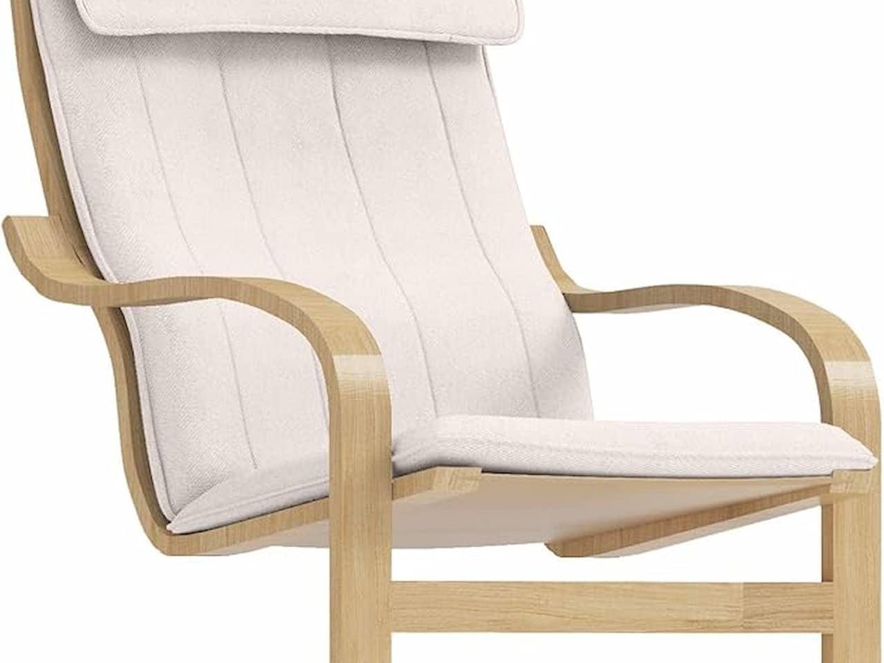  Modern lounge chair with light wood frame and cushioned seat in a pale beige or off-white fabric