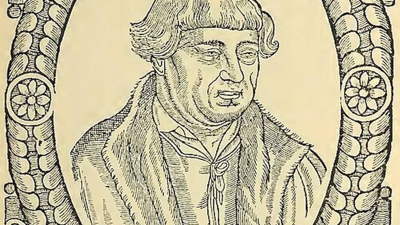 Historical engraving of bearded man in period clothing within ornate decorative border featuring floral motifs and circular medallions