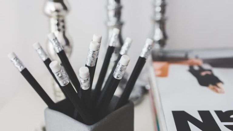 Black pencils with white erasers in a grey holder