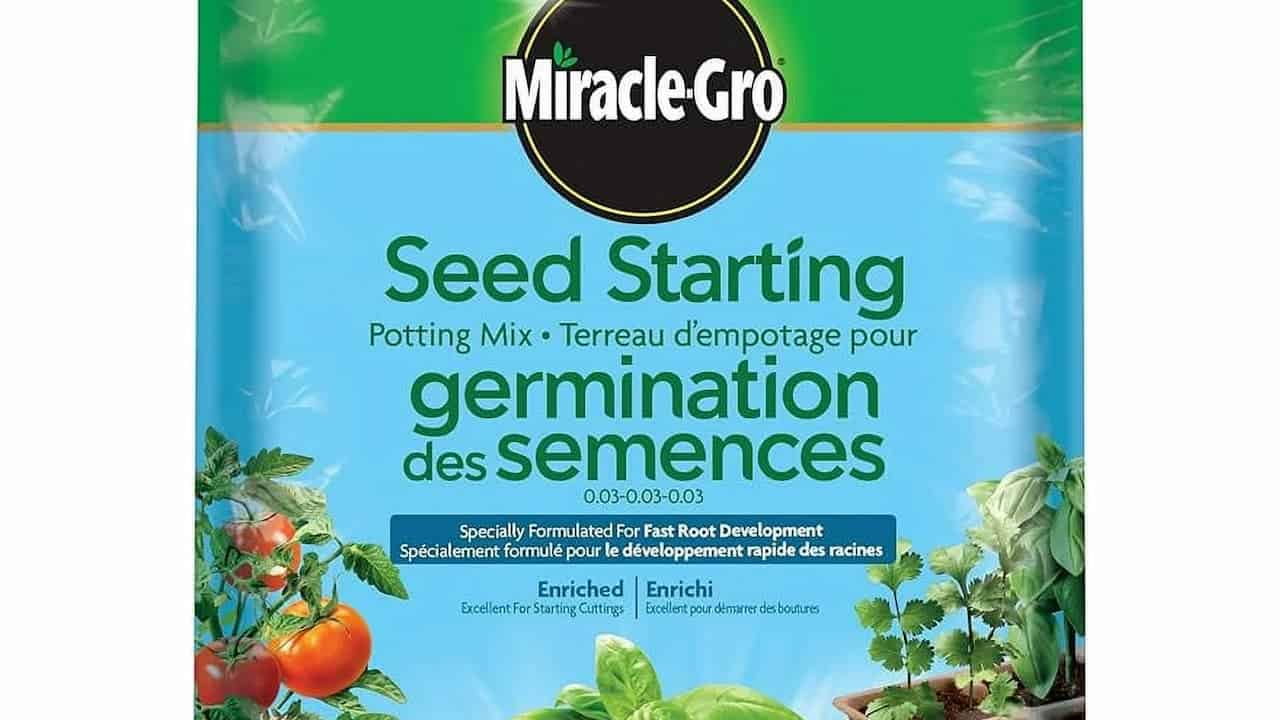 A bag of Miracle-Gro Seed Starting Mix placed on a garden surface