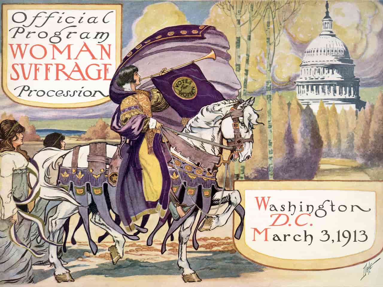 Illustrated poster for the Official Program of the Woman Suffrage Procession, showing a woman on horseback holding a “Votes for Women” banner