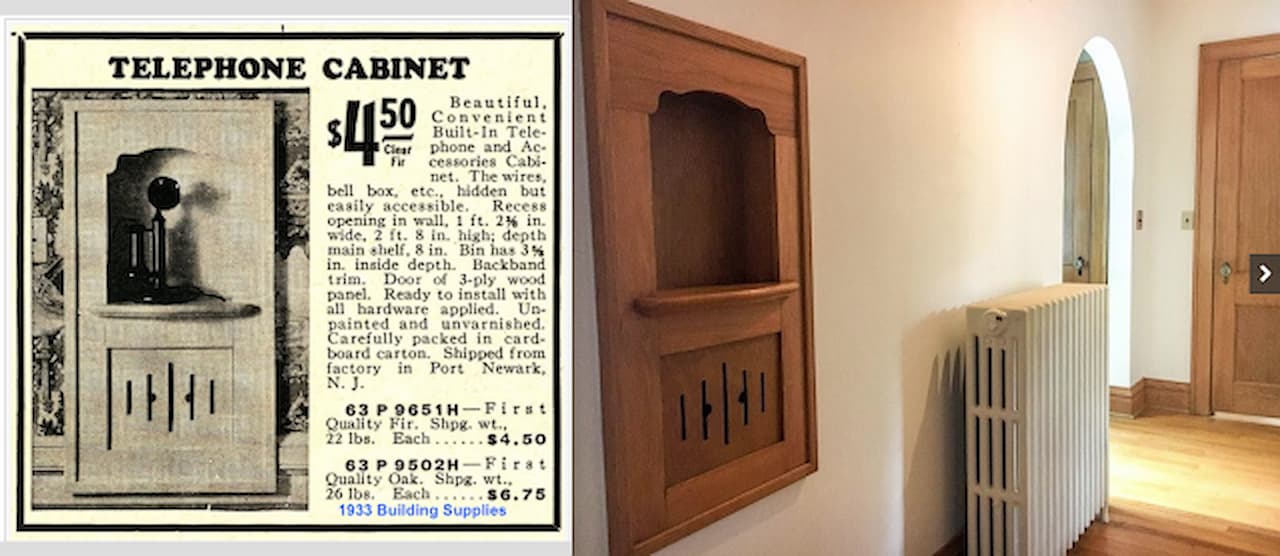 Vintage 1933 telephone cabinet advertisement alongside modern built-in telephone nook with wooden cabinet doors in home hallway