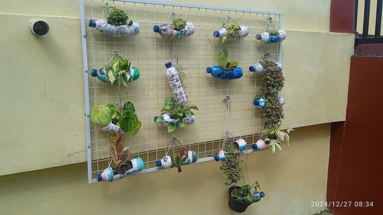 Vertical garden made from recycled plastic bottles hanging on metal grid against yellow wall, various plants growing in upcycled containers