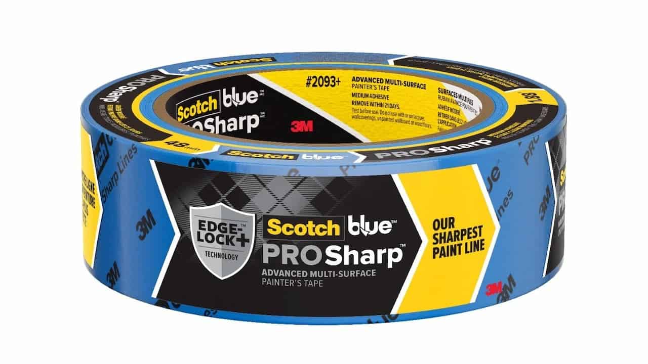 A roll of ScotchBlue PROSharp painter’s tape by 3M featuring Edge-Lock+ technology, designed for sharp paint lines on multiple surfaces